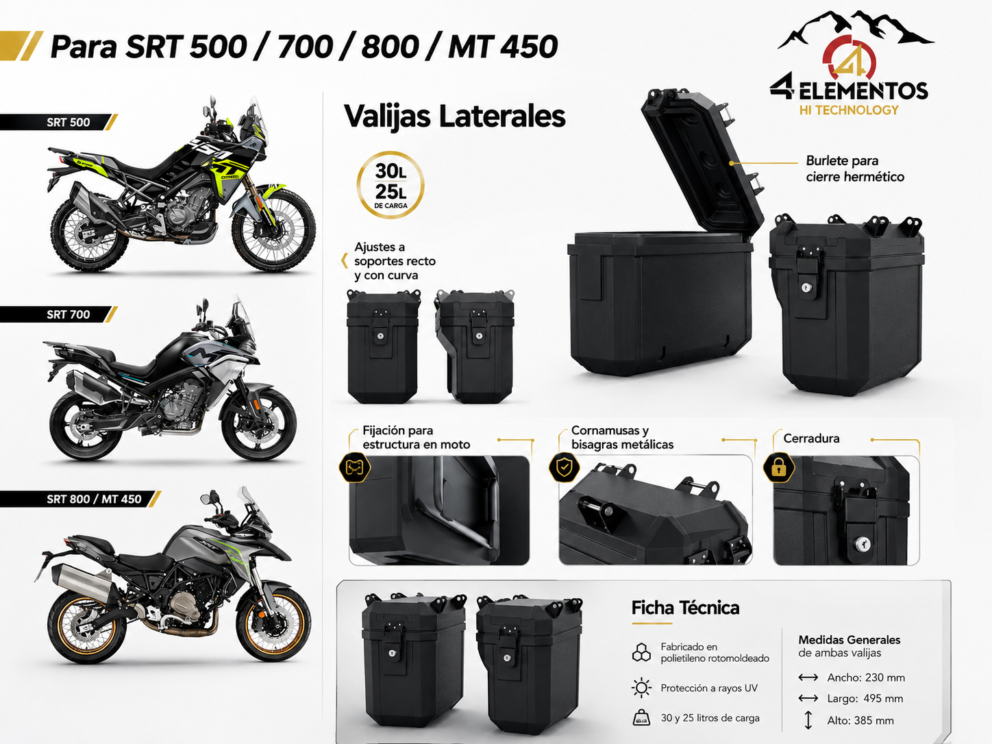 Ficha técnica de valijas laterales para SRT 500, SRT 700, SRT 800 y MT 450